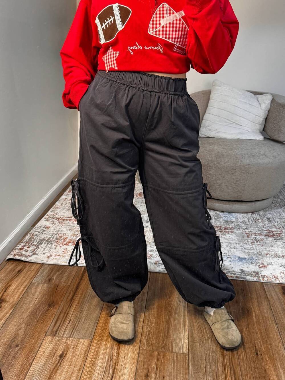 NEW PAPERMOON eli side ribbon tie jogger pant in washed black